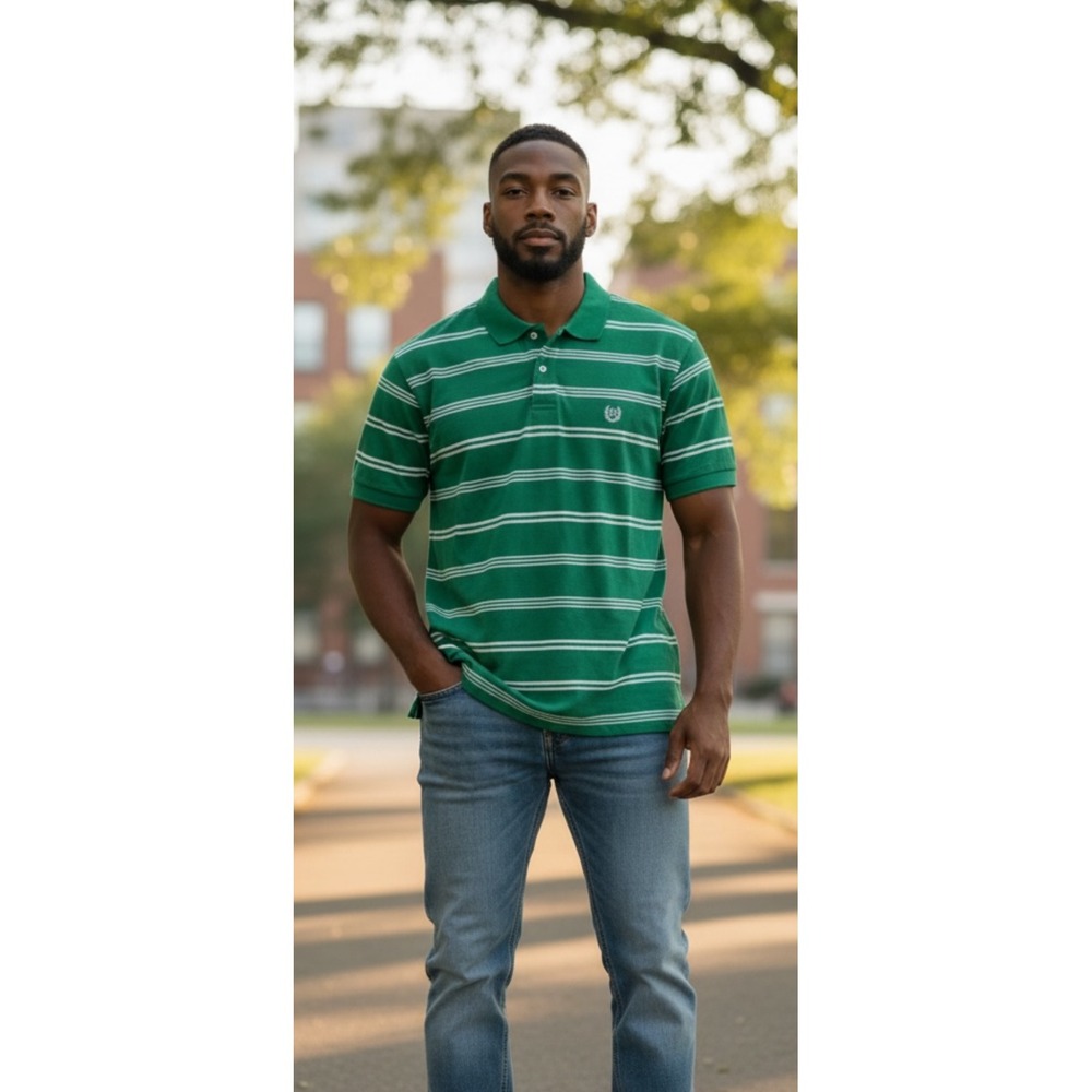 Chaps Mens‎ Green White Striped Short Sleeve Polo Shirt Size L G